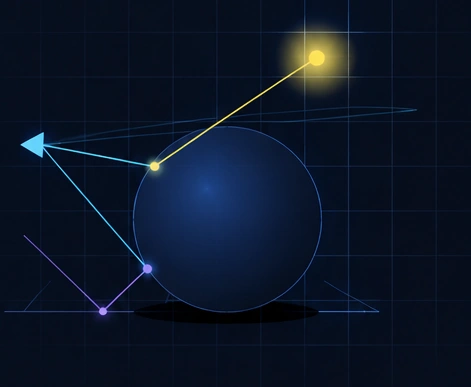 Abstract blue sphere and yellow light connected over a technical grid