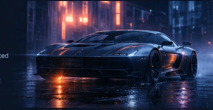 Illustrative cinematic sports car render in a neon-lit street