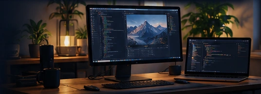 Illustrative software studio workspace with code and graphics on screen